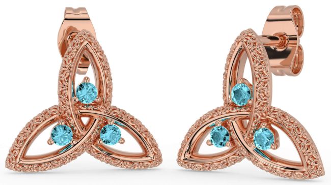 Aquamarine Rose Gold Celtic Trinity Knot Stud Earrings