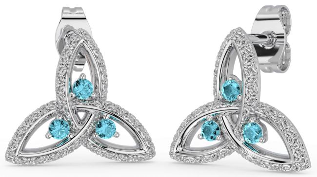 Aquamarine Silver Celtic Trinity Knot Stud Earrings