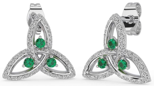 Emerald White Gold Celtic Trinity Knot Stud Earrings