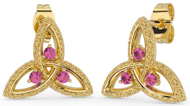Pink Tourmaline Gold Celtic Trinity Knot Stud Earrings