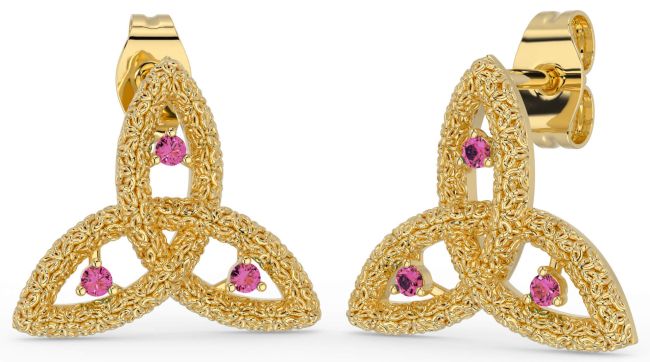 Pink Tourmaline Gold Silver Celtic Trinity Knot Stud Earrings