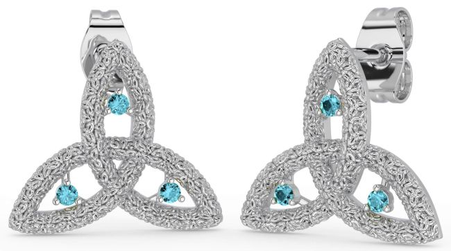Aquamarine Silver Celtic Trinity Knot Stud Earrings