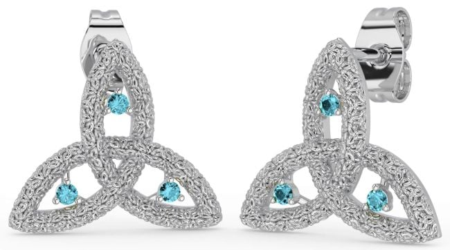 Aquamarine White Gold Celtic Trinity Knot Stud Earrings