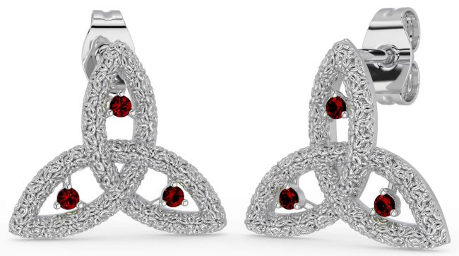 Garnet White Gold Celtic Trinity Knot Stud Earrings