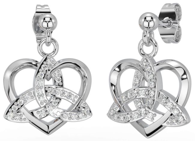 Diamond Silver Celtic Trinity Knot Heart Dangle Earrings