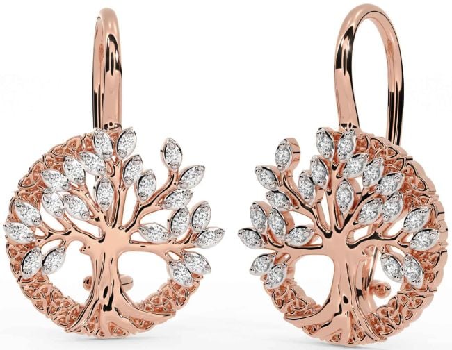 Diamond Rose Gold Silver Celtic Tree of Life Trinity Knot Dangle Earrings
