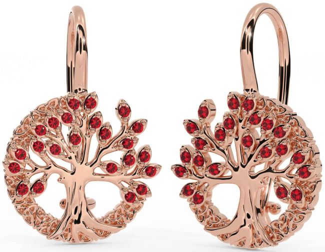 Ruby Rose Gold Silver Celtic Tree of Life Trinity Knot Dangle Earrings