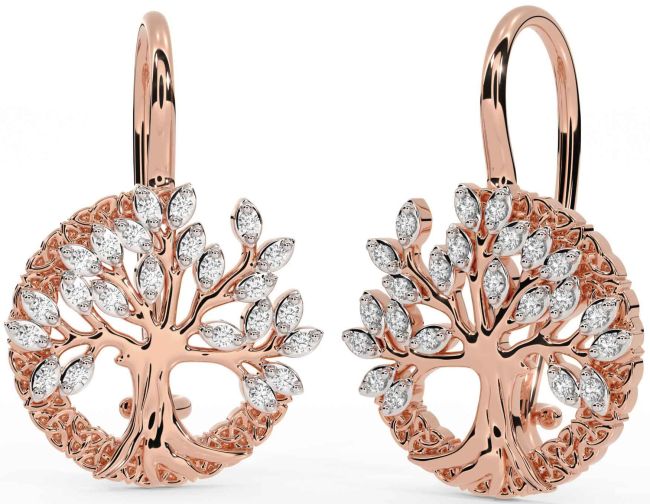 Diamond Rose Gold Celtic Tree of Life Trinity Knot Dangle Earrings
