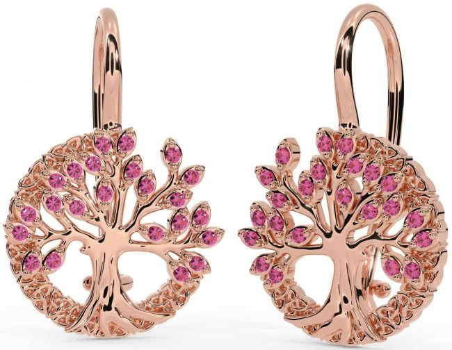 Pink Tourmaline Rose Gold Celtic Tree of Life Trinity Knot Dangle Earrings
