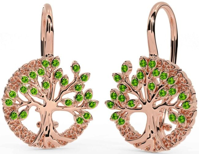 Peridot Rose Gold Celtic Tree of Life Trinity Knot Dangle Earrings