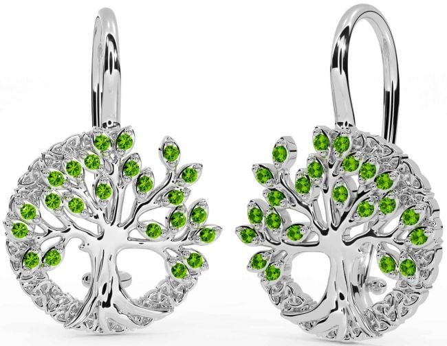 Peridot Silver Celtic Tree of Life Trinity Knot Dangle Earrings