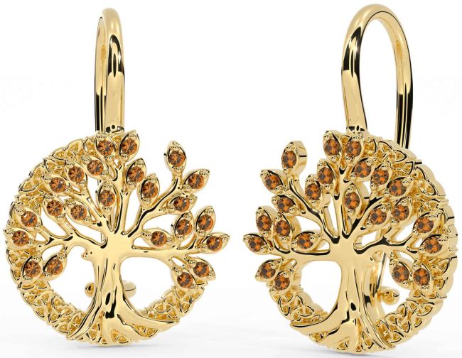 Citrine Gold Celtic Tree of Life Trinity Knot Dangle Earrings