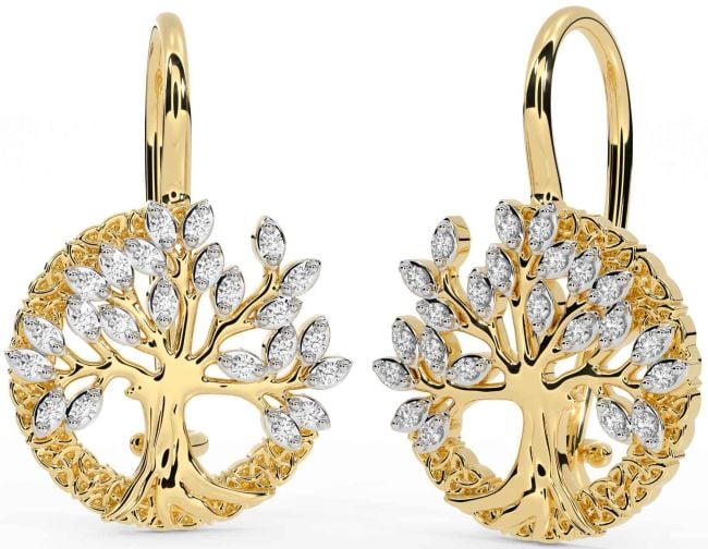 Diamond Gold Celtic Tree of Life Trinity Knot Dangle Earrings