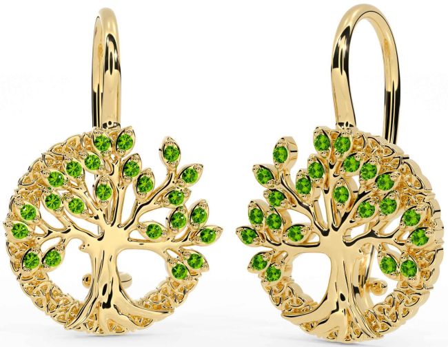 Peridot Gold Celtic Tree of Life Trinity Knot Dangle Earrings