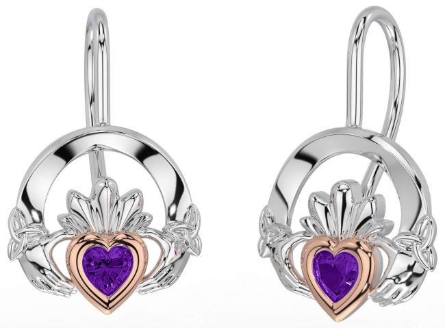 Amethyst Rose Gold Silver Claddagh Celtic Trinity Knot Dangle Earrings