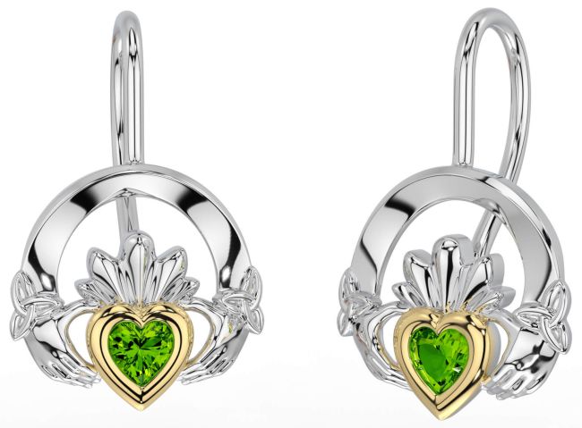 Peridot Gold Silver Claddagh Celtic Trinity Knot Dangle Earrings