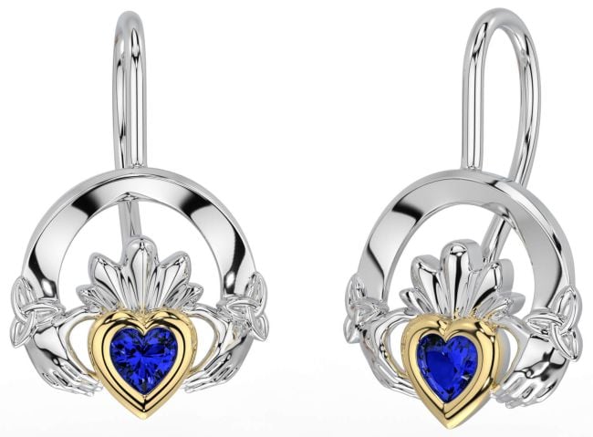 Sapphire Gold Silver Claddagh Celtic Trinity Knot Dangle Earrings