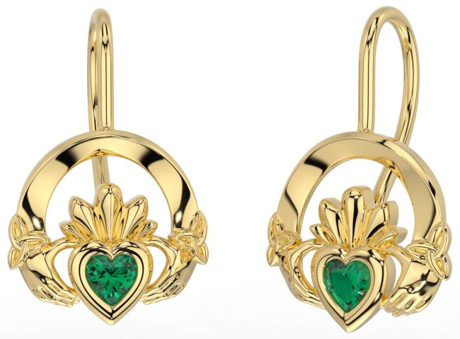 Emerald Gold Silver Claddagh Celtic Trinity Knot Dangle Earrings