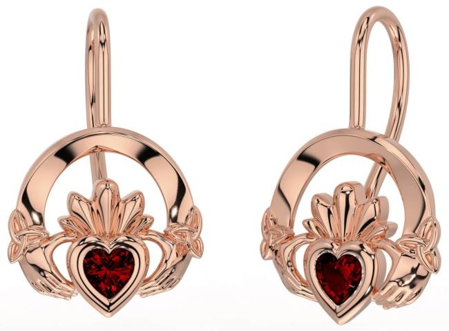 Garnet Rose Gold Claddagh Celtic Trinity Knot Dangle Earrings