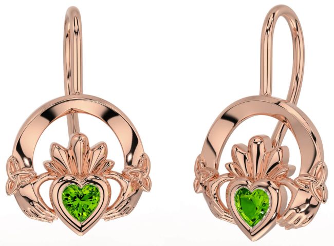 Peridot Rose Gold Claddagh Celtic Trinity Knot Dangle Earrings