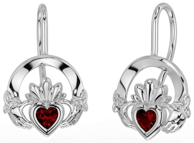 Garnet Silver Claddagh Celtic Trinity Knot Dangle Earrings