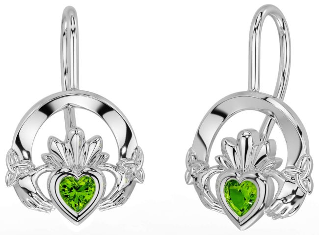 Peridot Silver Claddagh Celtic Trinity Knot Dangle Earrings