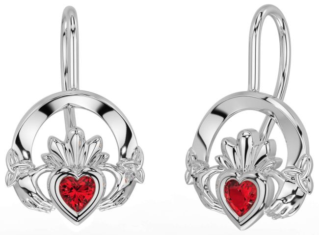 Ruby Silver Claddagh Celtic Trinity Knot Dangle Earrings