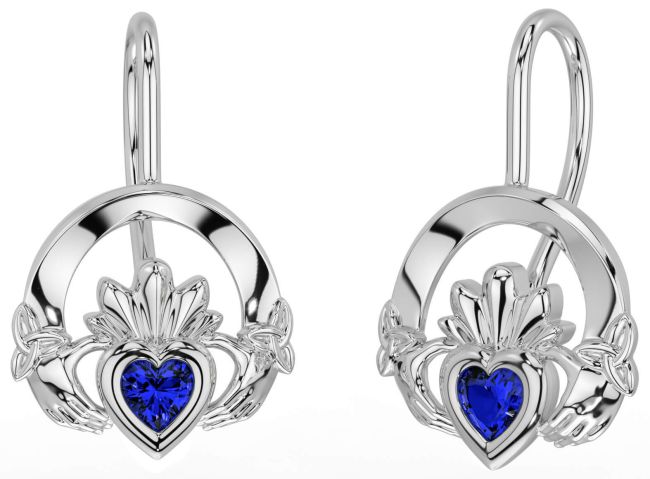 Sapphire Silver Claddagh Celtic Trinity Knot Dangle Earrings