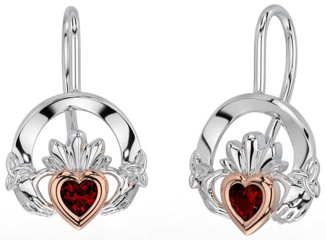 Garnet Rose Gold Silver Claddagh Celtic Trinity Knot Dangle Earrings