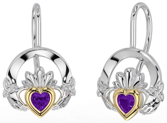 Amethyst Gold Silver Claddagh Celtic Trinity Knot Dangle Earrings