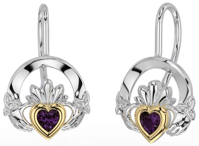 Alexandrite Gold Silver Claddagh Celtic Trinity Knot Dangle Earrings