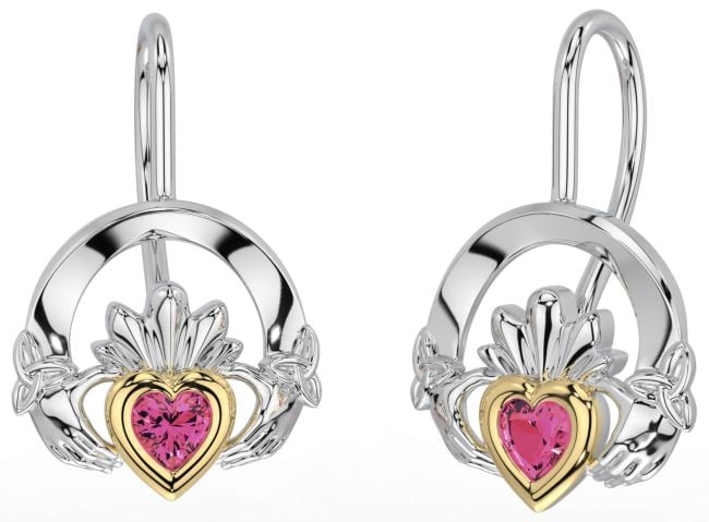 Pink Tourmaline Gold Silver Claddagh Celtic Trinity Knot Dangle Earrings