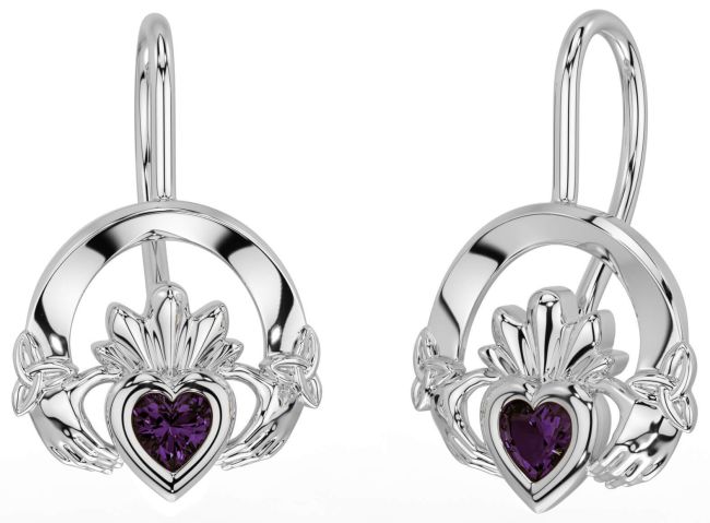 Alexandrite White Gold Claddagh Celtic Trinity Knot Dangle Earrings