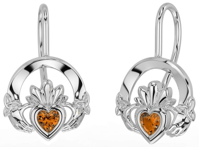 Citrine White Gold Claddagh Celtic Trinity Knot Dangle Earrings