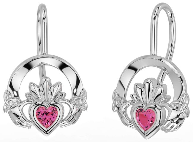 Pink Tourmaline White Gold Claddagh Celtic Trinity Knot Dangle Earrings