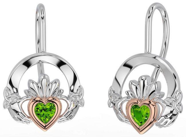 Peridot White Rose Gold Claddagh Celtic Trinity Knot Dangle Earrings