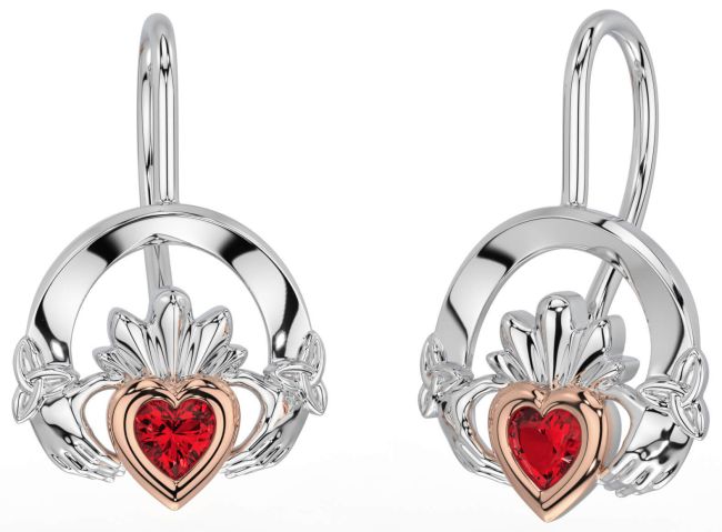 Ruby White Rose Gold Claddagh Celtic Trinity Knot Dangle Earrings
