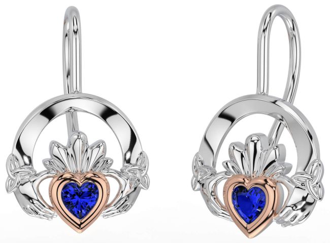 Sapphire White Rose Gold Claddagh Celtic Trinity Knot Dangle Earrings