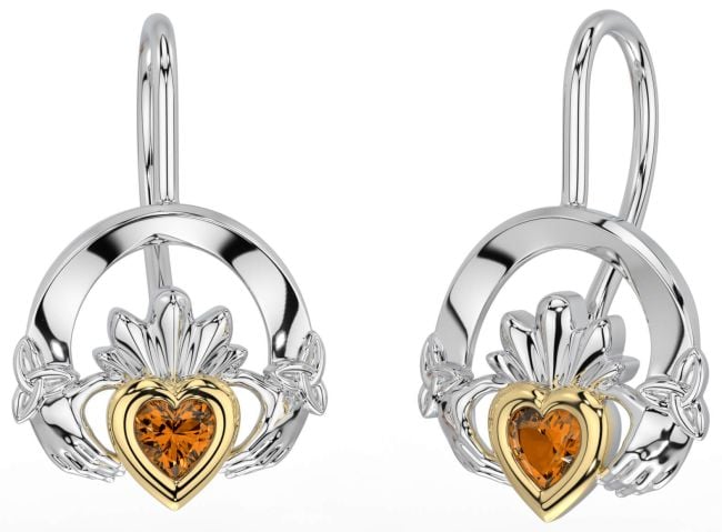 Citrine White Yellow Gold Claddagh Celtic Trinity Knot Dangle Earrings