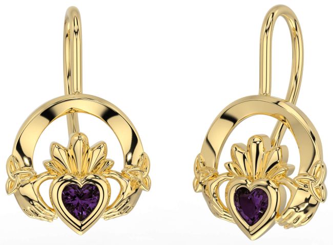 Alexandrite Gold Claddagh Celtic Trinity Knot Dangle Earrings