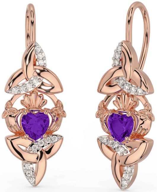 Diamond Amethyst Rose Gold Silver Claddagh Celtic Trinity Knot Dangle Earrings