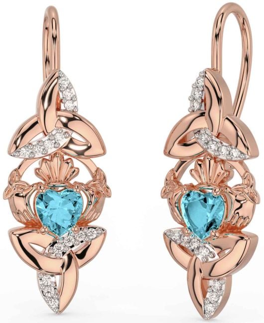 Diamond Aquamarine Rose Gold Silver Claddagh Celtic Trinity Knot Dangle Earrings