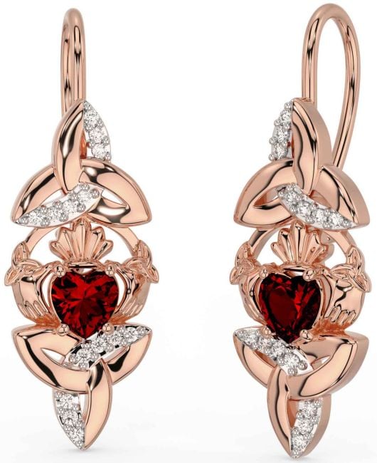 Diamond Garnet Rose Gold Silver Claddagh Celtic Trinity Knot Dangle Earrings