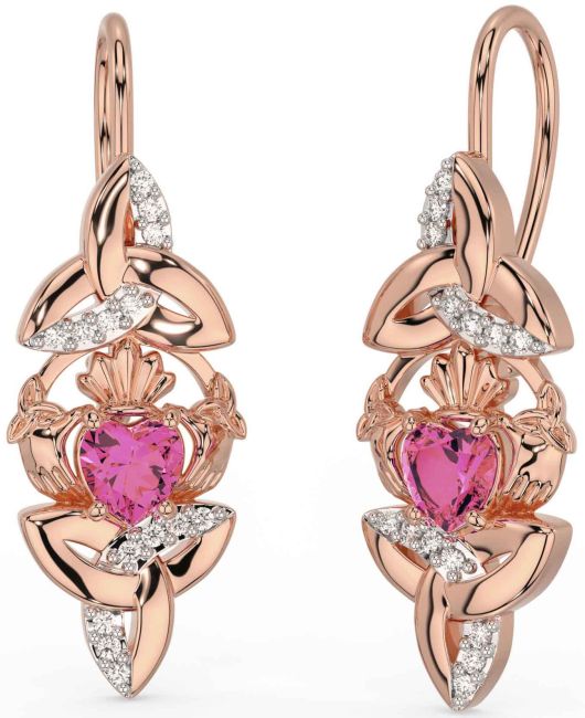 Diamond Pink Tourmaline Rose Gold Silver Claddagh Celtic Trinity Knot Dangle Earrings