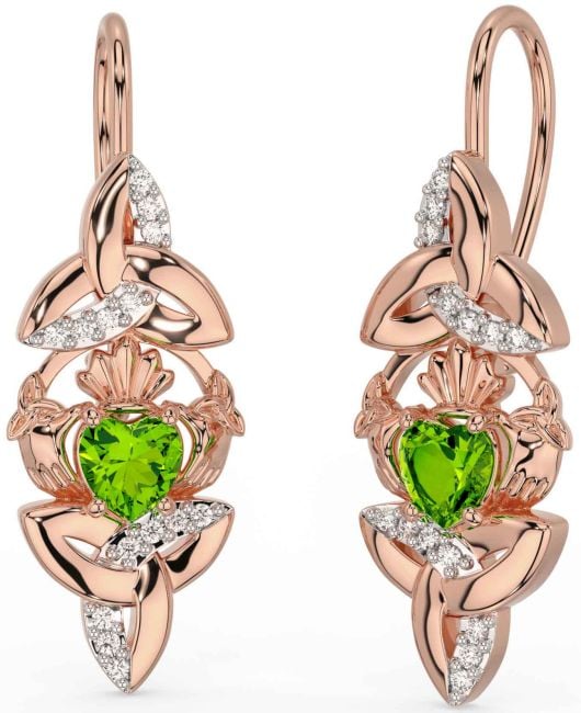 Diamond Peridot Rose Gold Silver Claddagh Celtic Trinity Knot Dangle Earrings