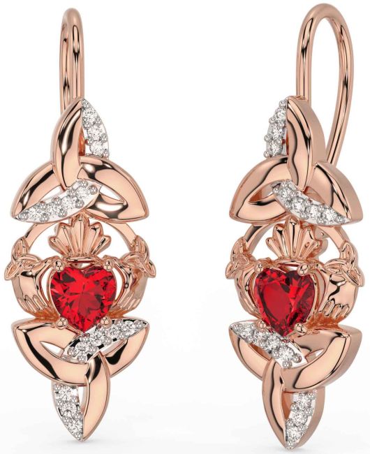 Diamond Ruby Rose Gold Silver Claddagh Celtic Trinity Knot Dangle Earrings