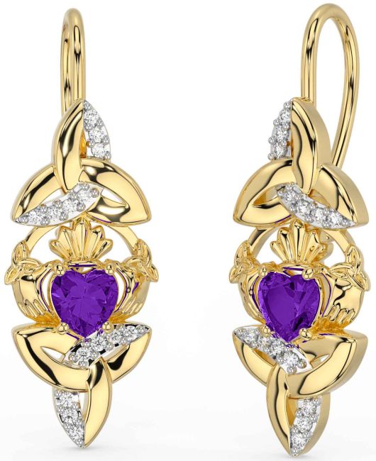 Diamond Amethyst Gold Silver Claddagh Celtic Trinity Knot Dangle Earrings