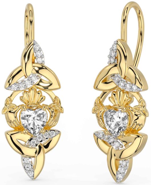 Diamond Gold Silver Claddagh Celtic Trinity Knot Dangle Earrings