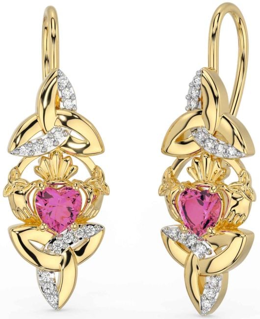 Diamond Pink Tourmaline Gold Silver Claddagh Celtic Trinity Knot Dangle Earrings