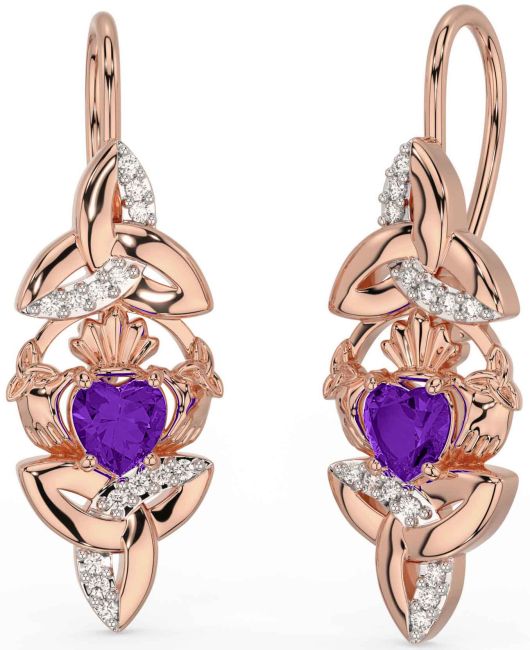 Diamond Amethyst Rose Gold Claddagh Celtic Trinity Knot Dangle Earrings